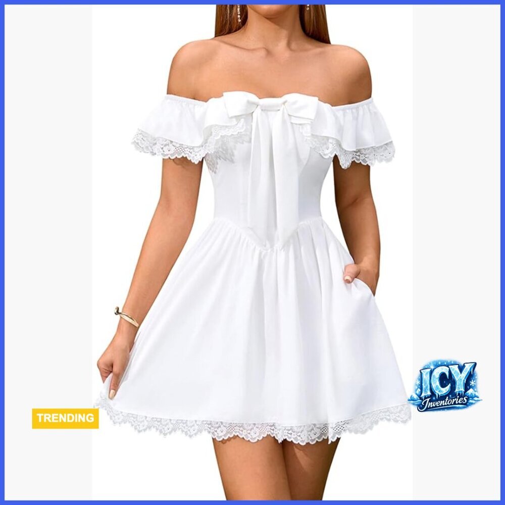 Off Shoulder Mini Dress with Lace Bow and Hidden Pocket